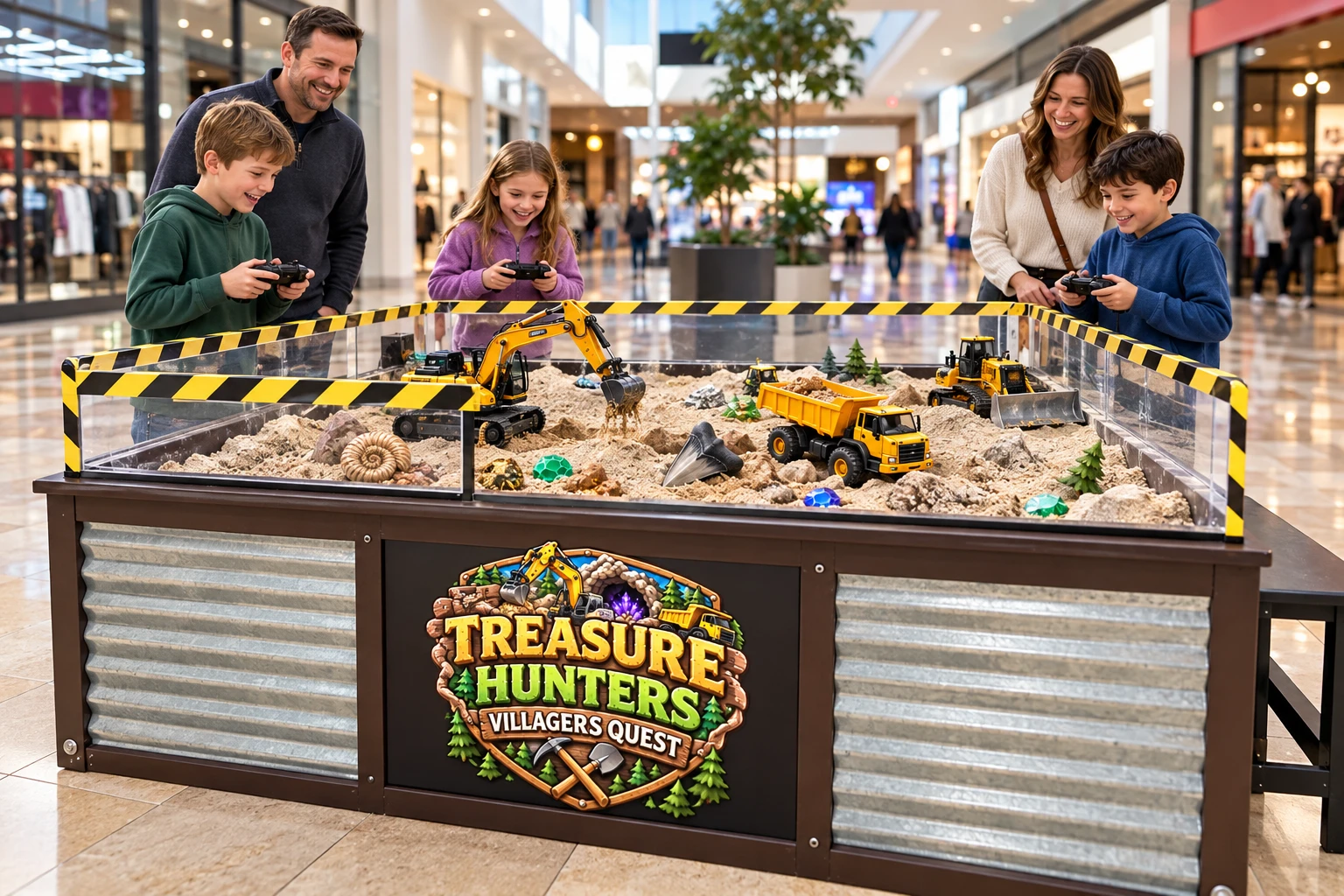 Illustrative scene of children playing with RC construction vehicles while parents watch