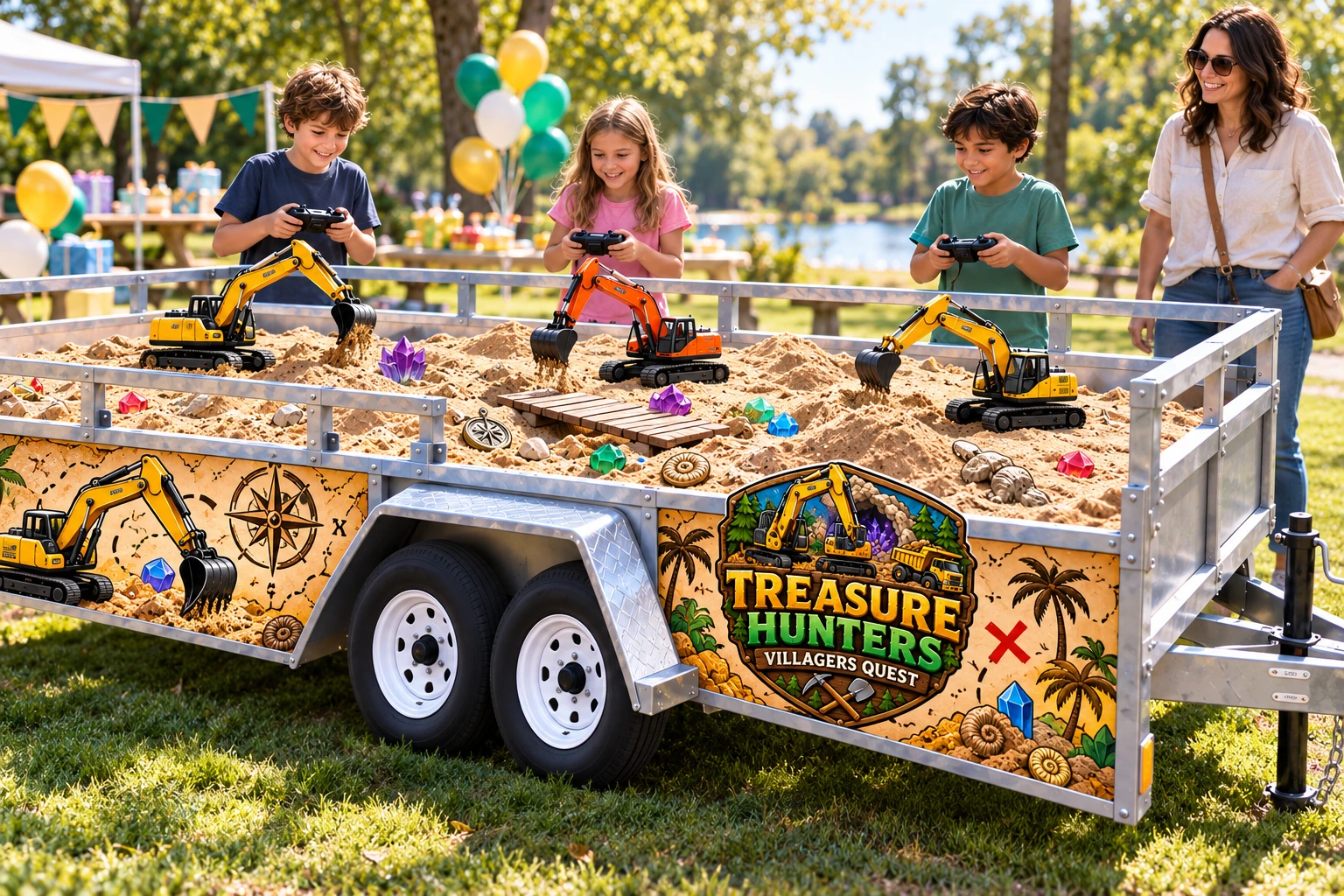 Illustrative outdoor birthday event with children operating RC excavators alongside a Treasure Hunters trailer